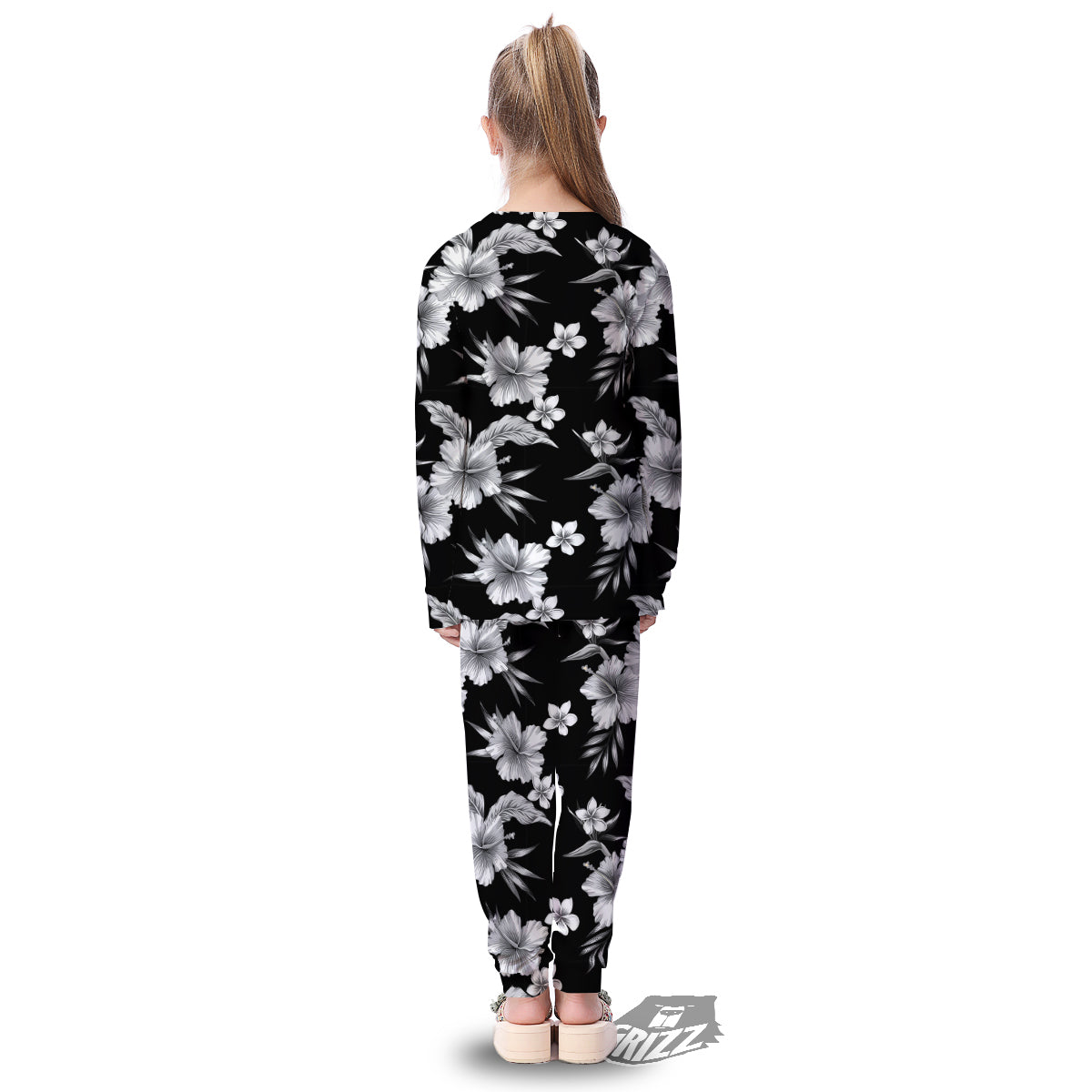 Frangipani White And Black Print Pattern Kid's Pajamas-grizzshop