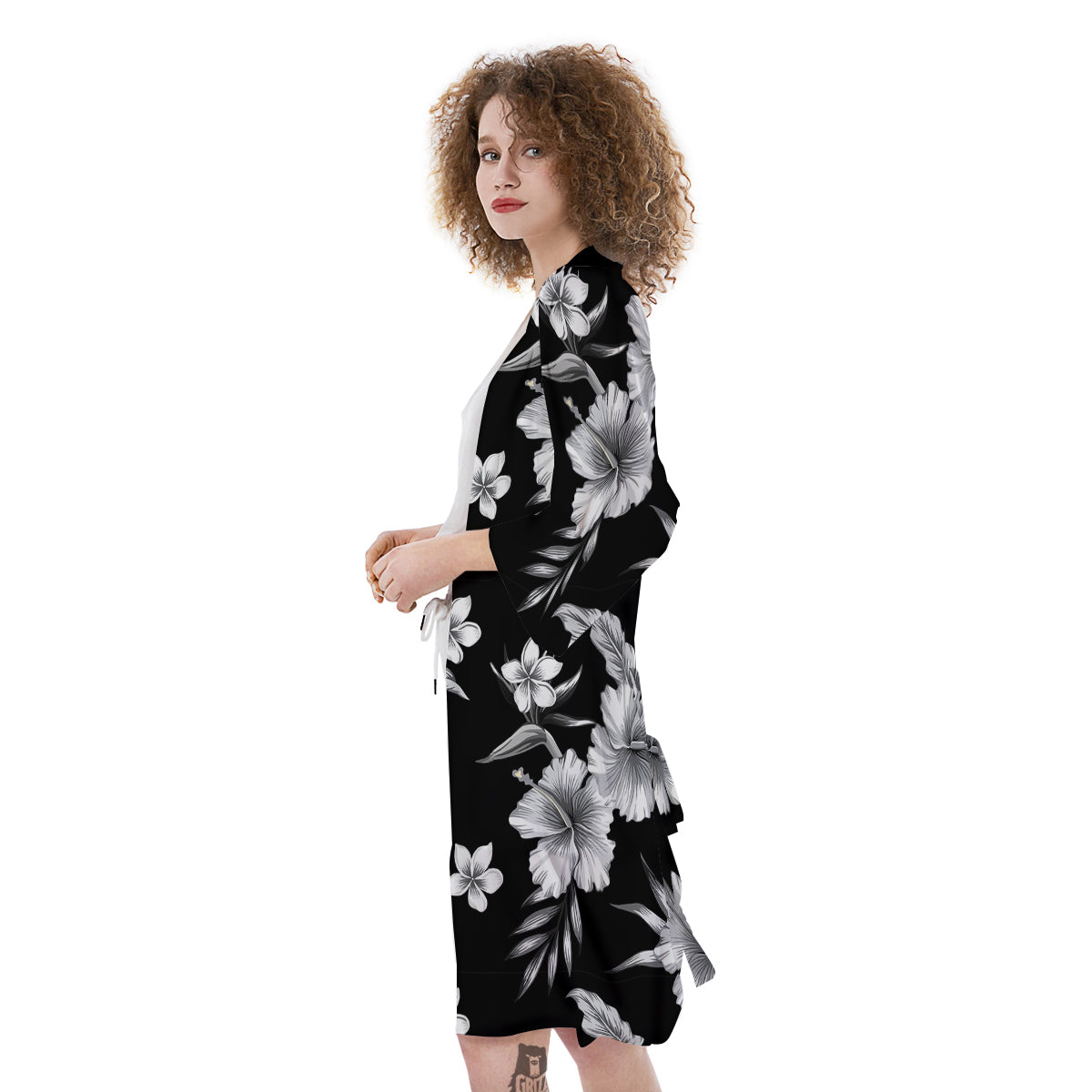 Frangipani White And Black Print Pattern Kimono-grizzshop