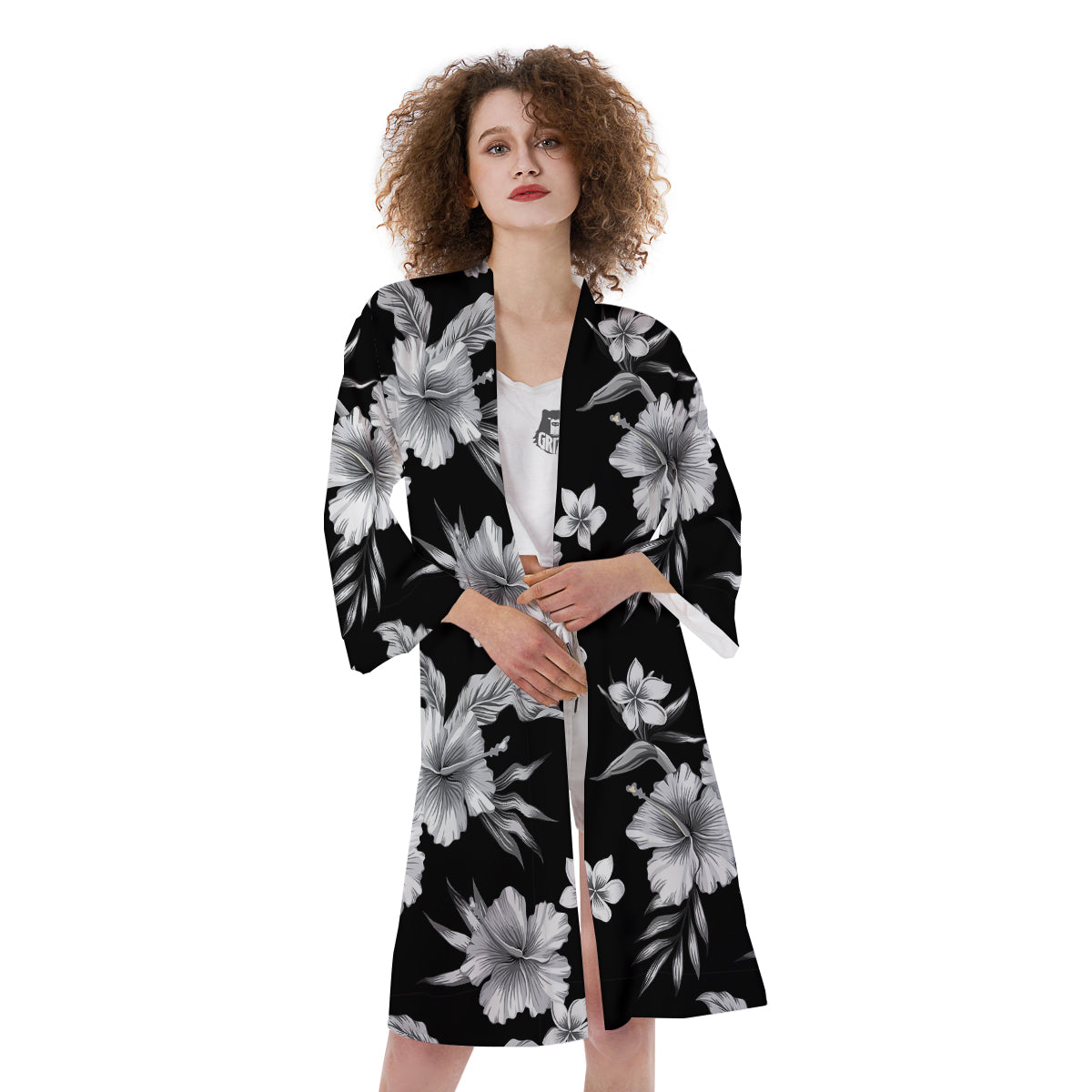 Frangipani White And Black Print Pattern Kimono-grizzshop