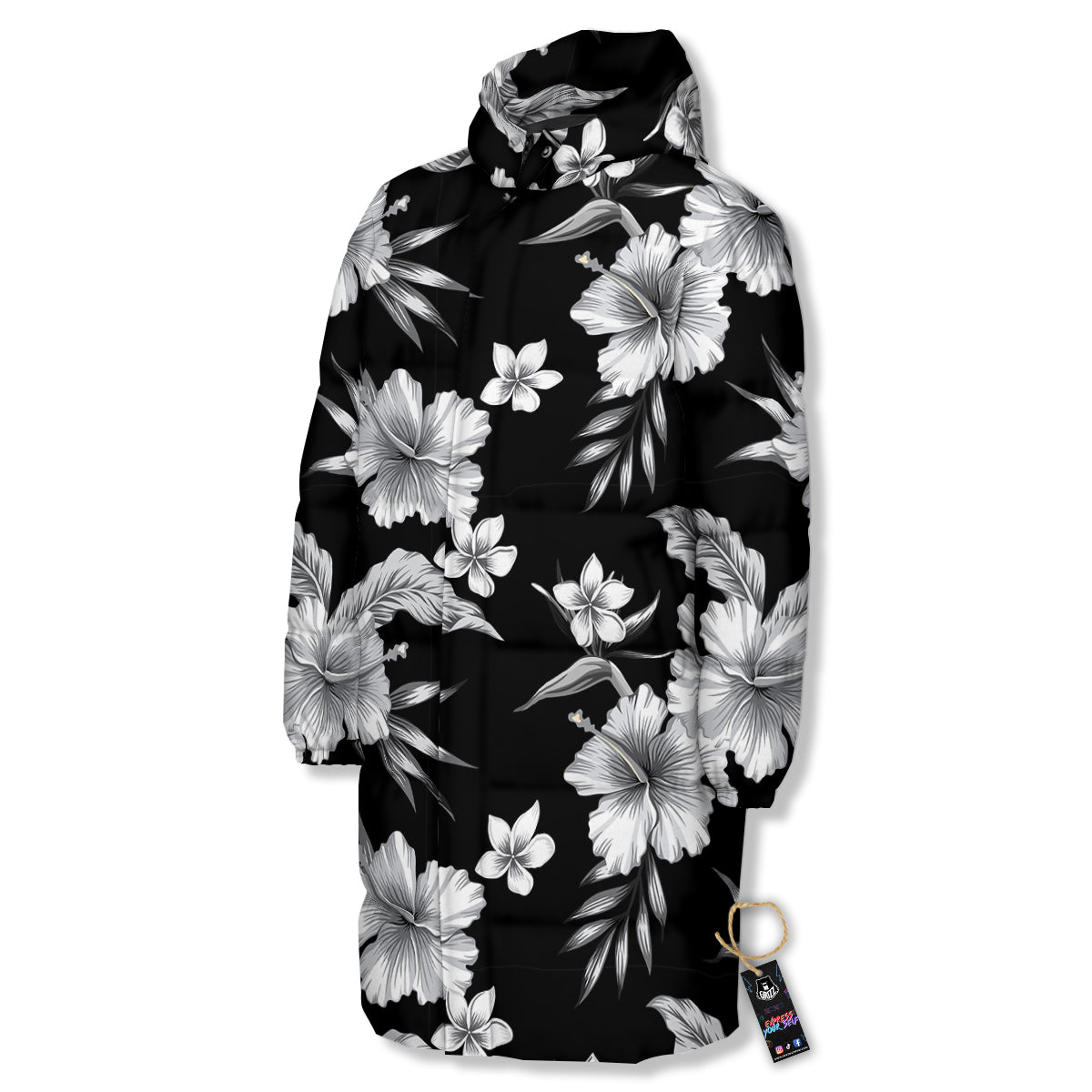 Frangipani White And Black Print Pattern Long Down Jacket-grizzshop
