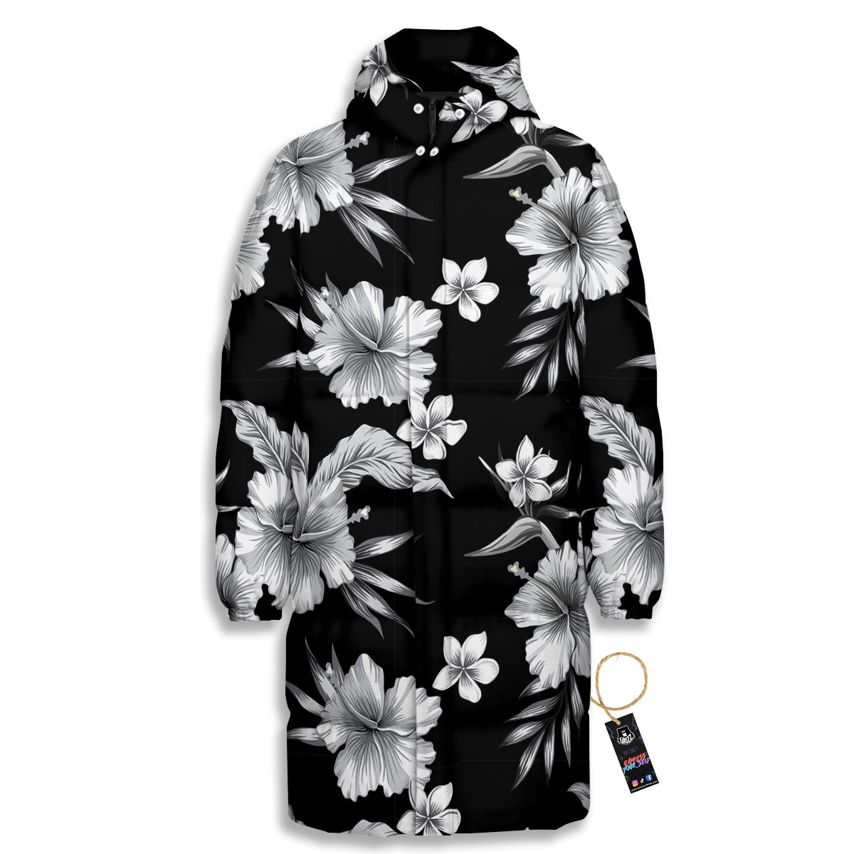 Frangipani White And Black Print Pattern Long Down Jacket-grizzshop