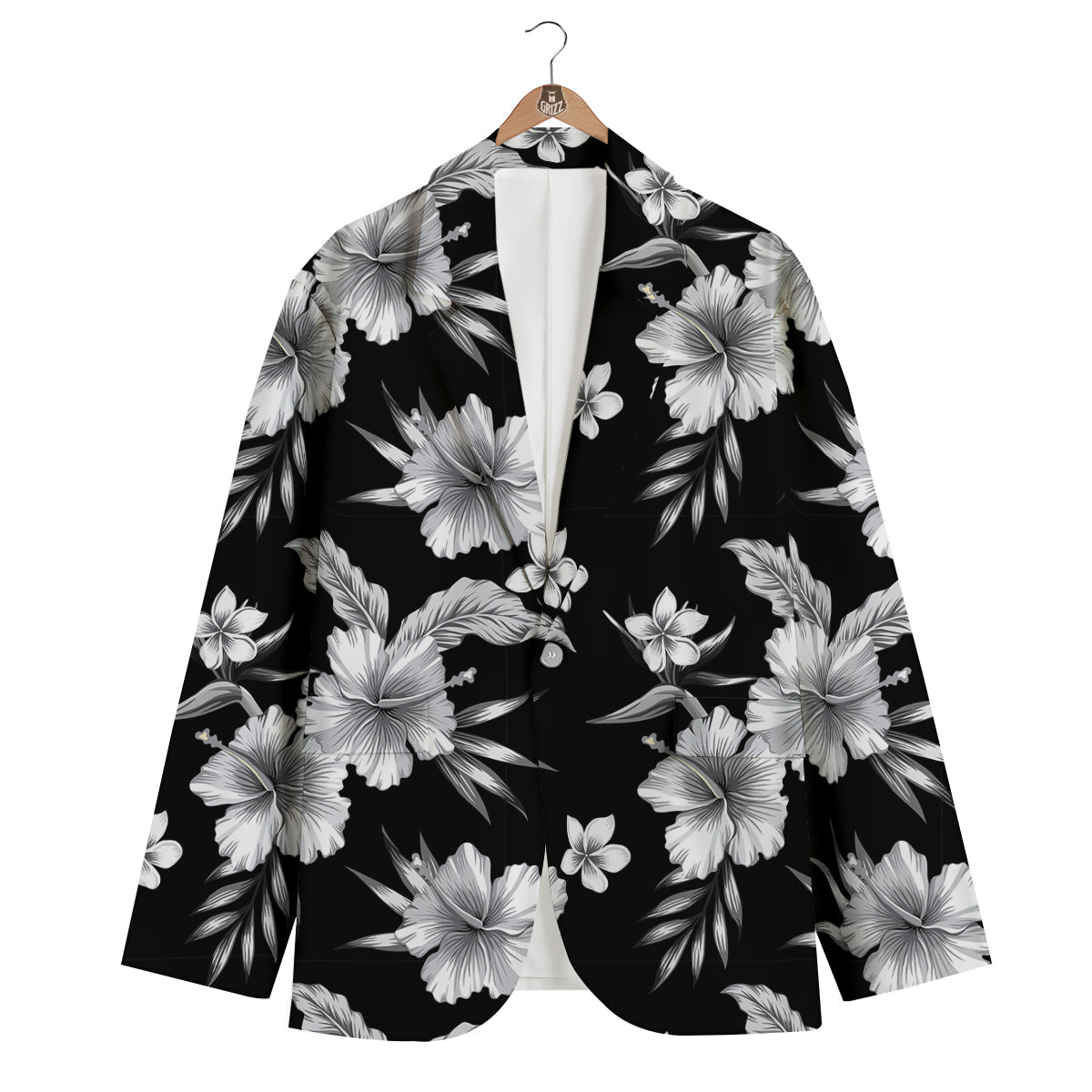 Frangipani White And Black Print Pattern Men's Blazer-grizzshop