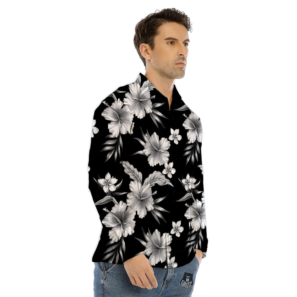 Frangipani White And Black Print Pattern Men's Dress Shirts-grizzshop