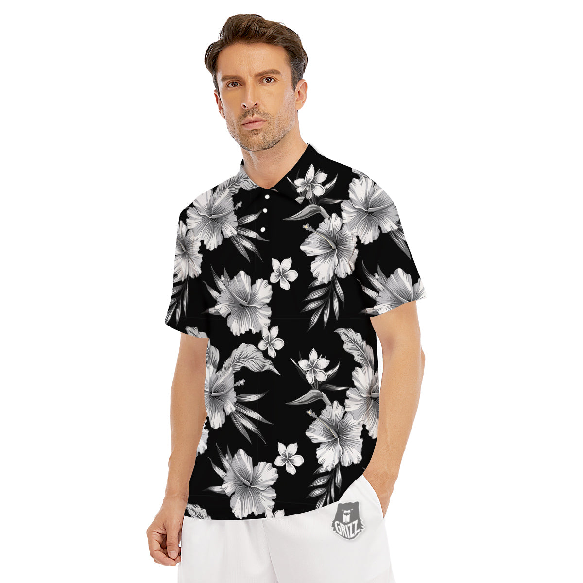 Frangipani White And Black Print Pattern Men's Golf Shirts-grizzshop