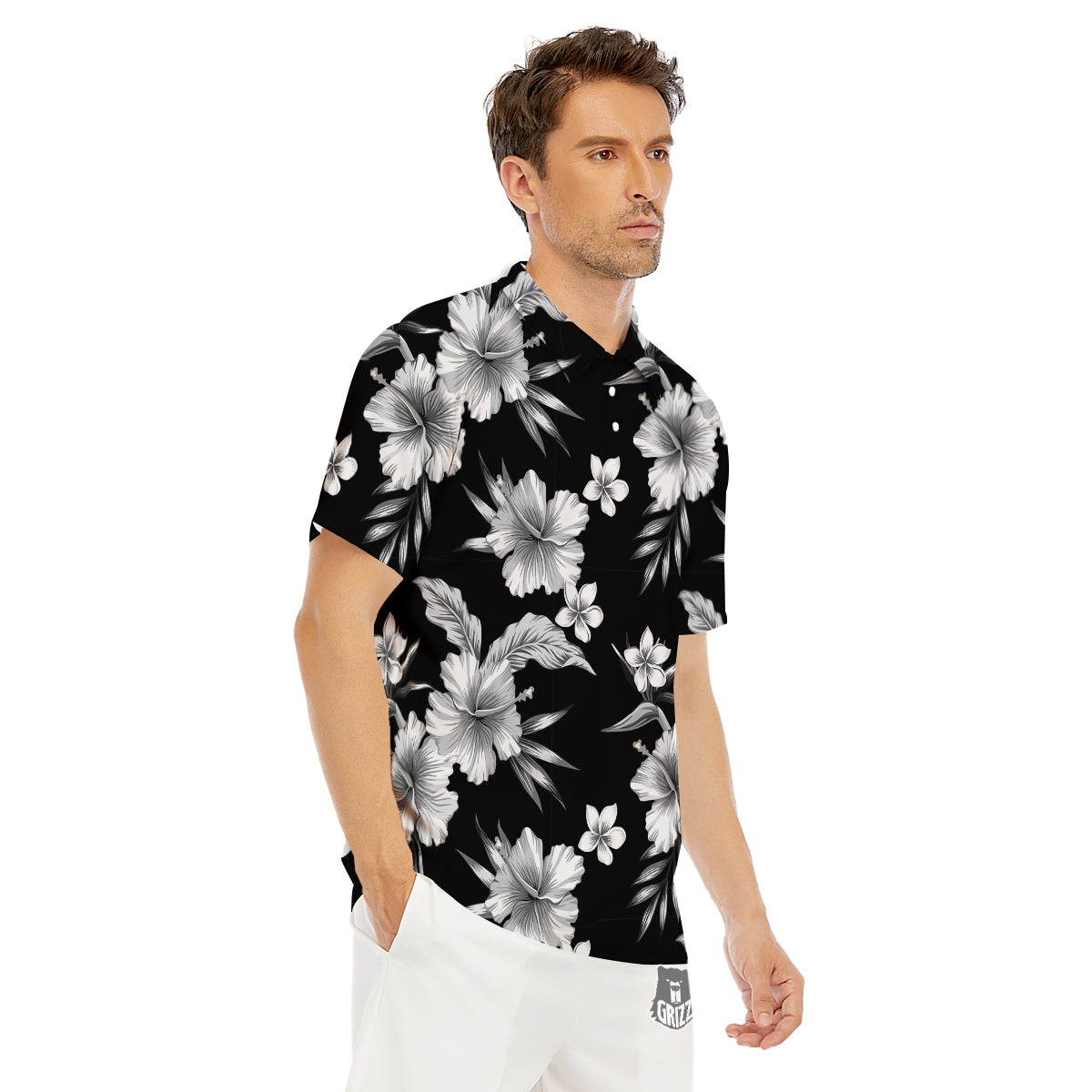 Frangipani White And Black Print Pattern Men's Golf Shirts-grizzshop