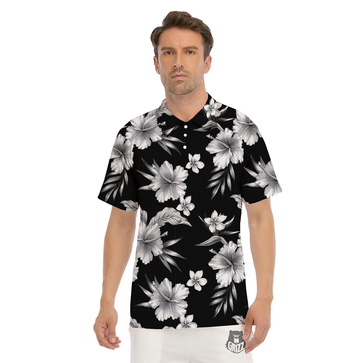 Frangipani White And Black Print Pattern Men's Golf Shirts-grizzshop
