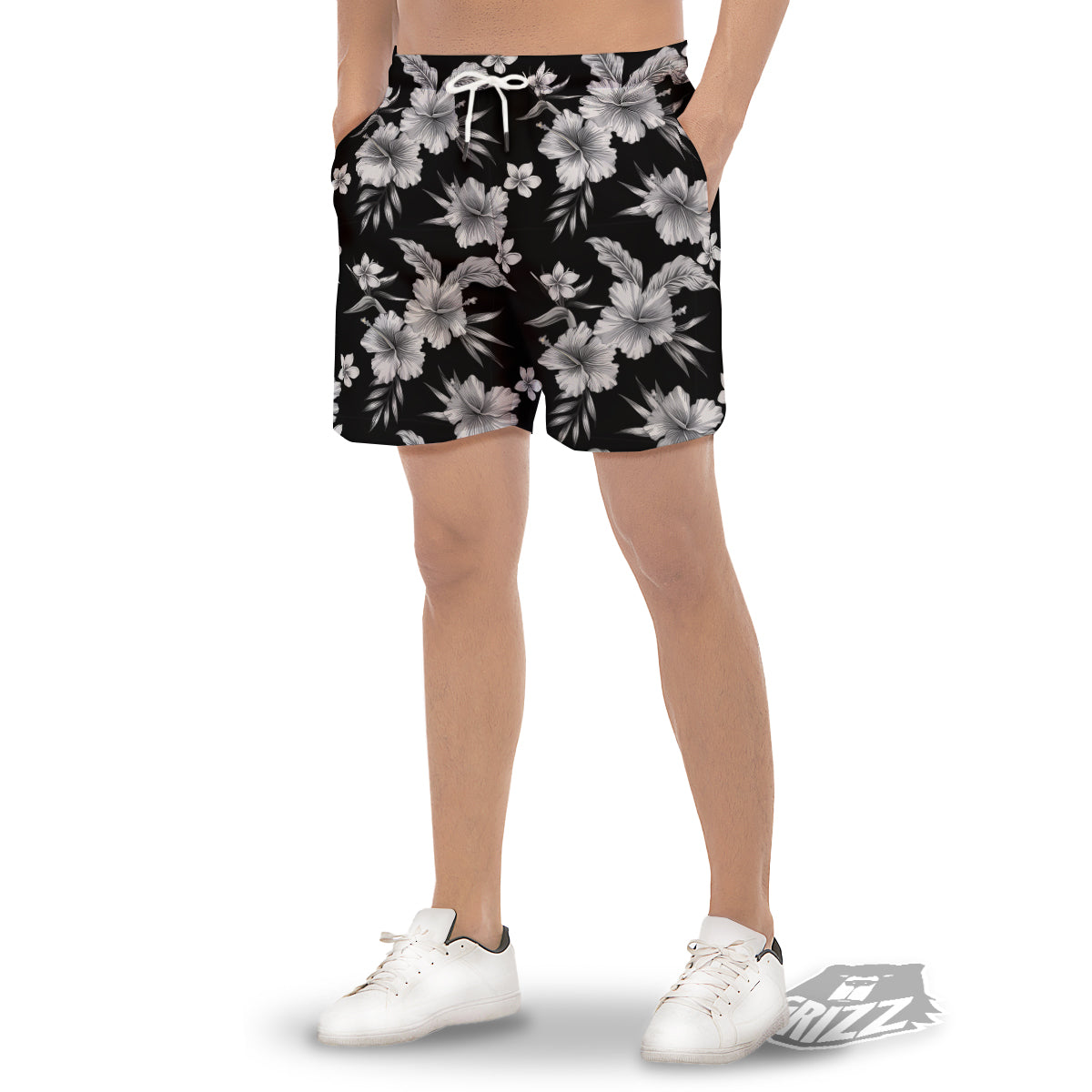 Frangipani White And Black Print Pattern Men's Gym Shorts-grizzshop