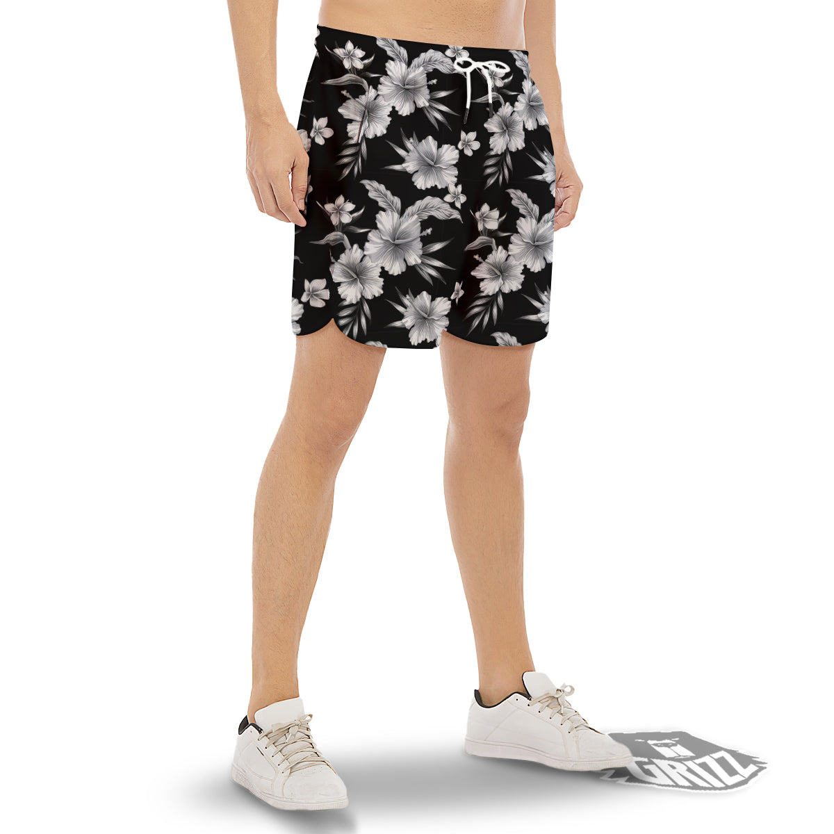 Frangipani White And Black Print Pattern Men's Gym Shorts-grizzshop