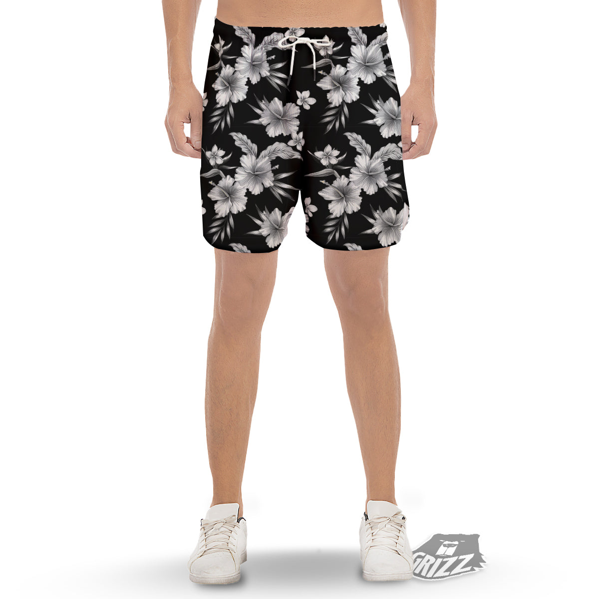 Frangipani White And Black Print Pattern Men's Gym Shorts-grizzshop