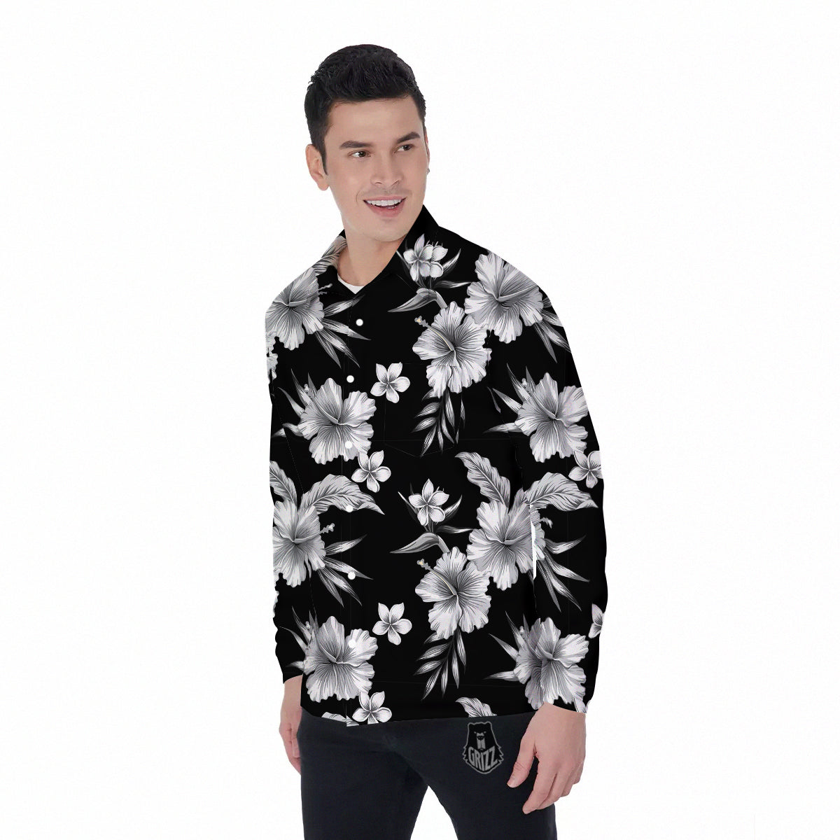 Frangipani White And Black Print Pattern Men's Long Sleeve Shirts-grizzshop
