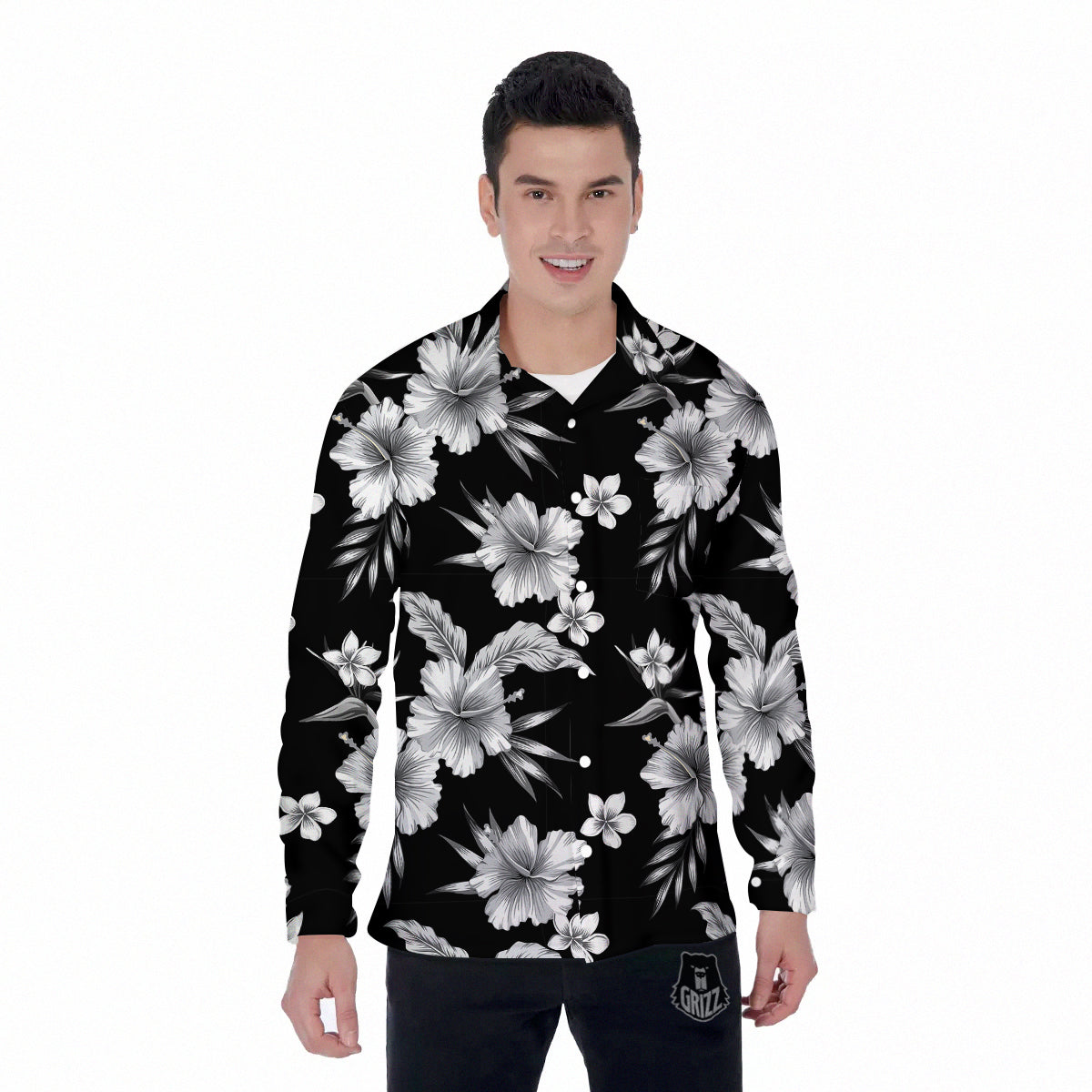 Frangipani White And Black Print Pattern Men's Long Sleeve Shirts-grizzshop