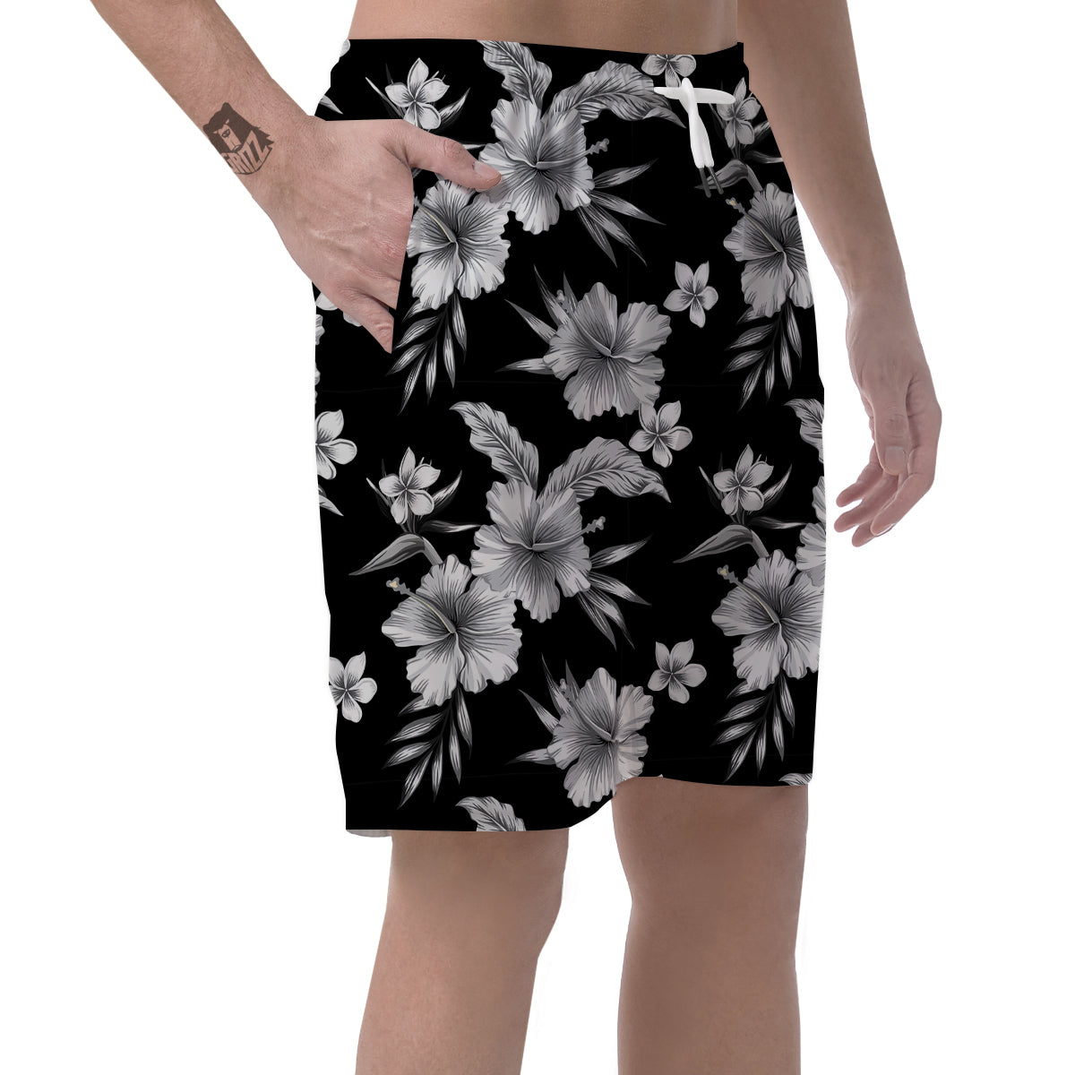 Frangipani White And Black Print Pattern Men's Shorts-grizzshop