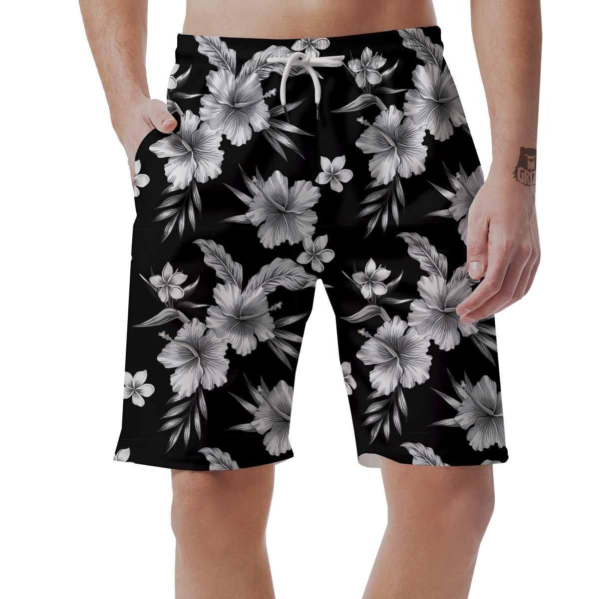 Frangipani White And Black Print Pattern Men's Shorts-grizzshop