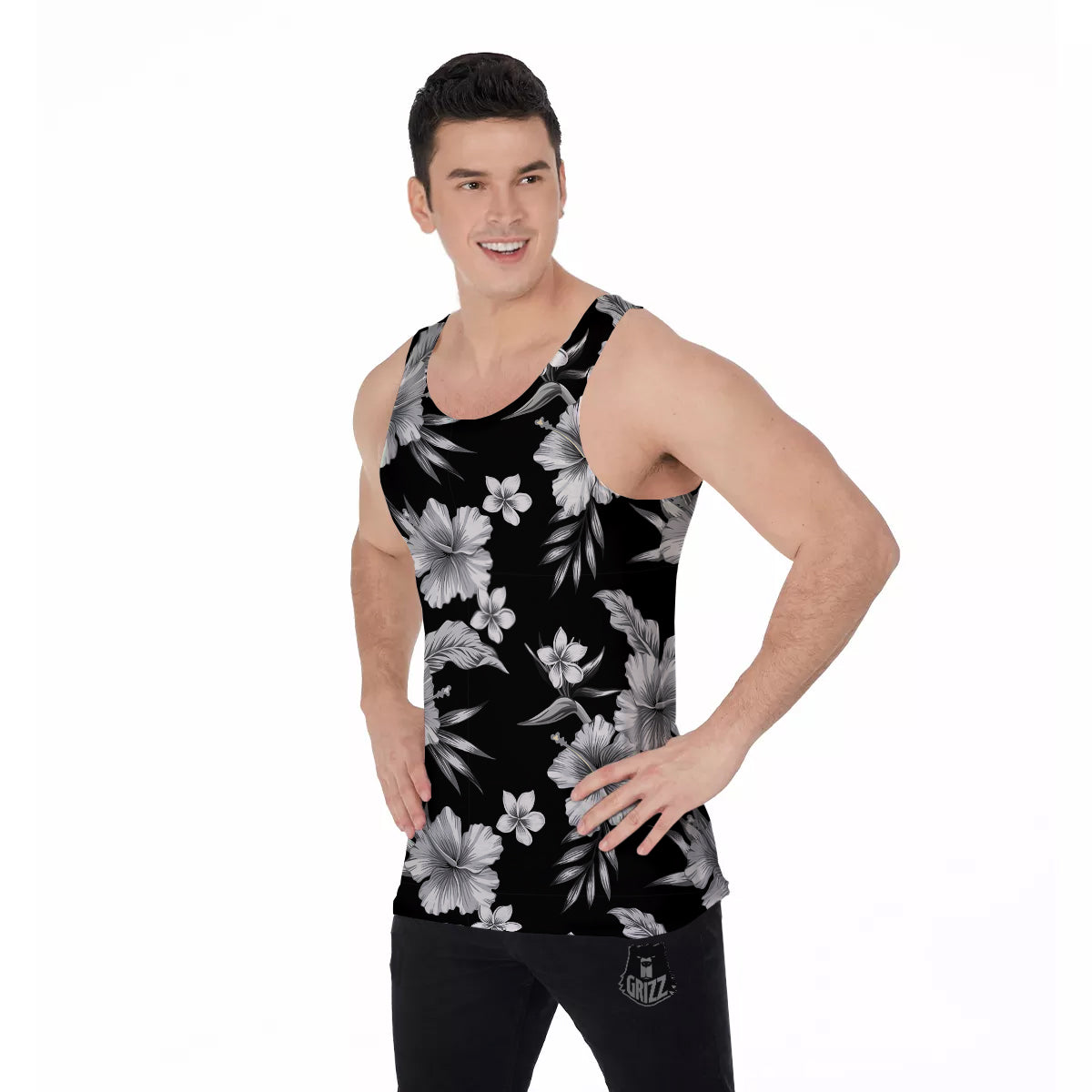 Frangipani White And Black Print Pattern Men's Tank Top-grizzshop