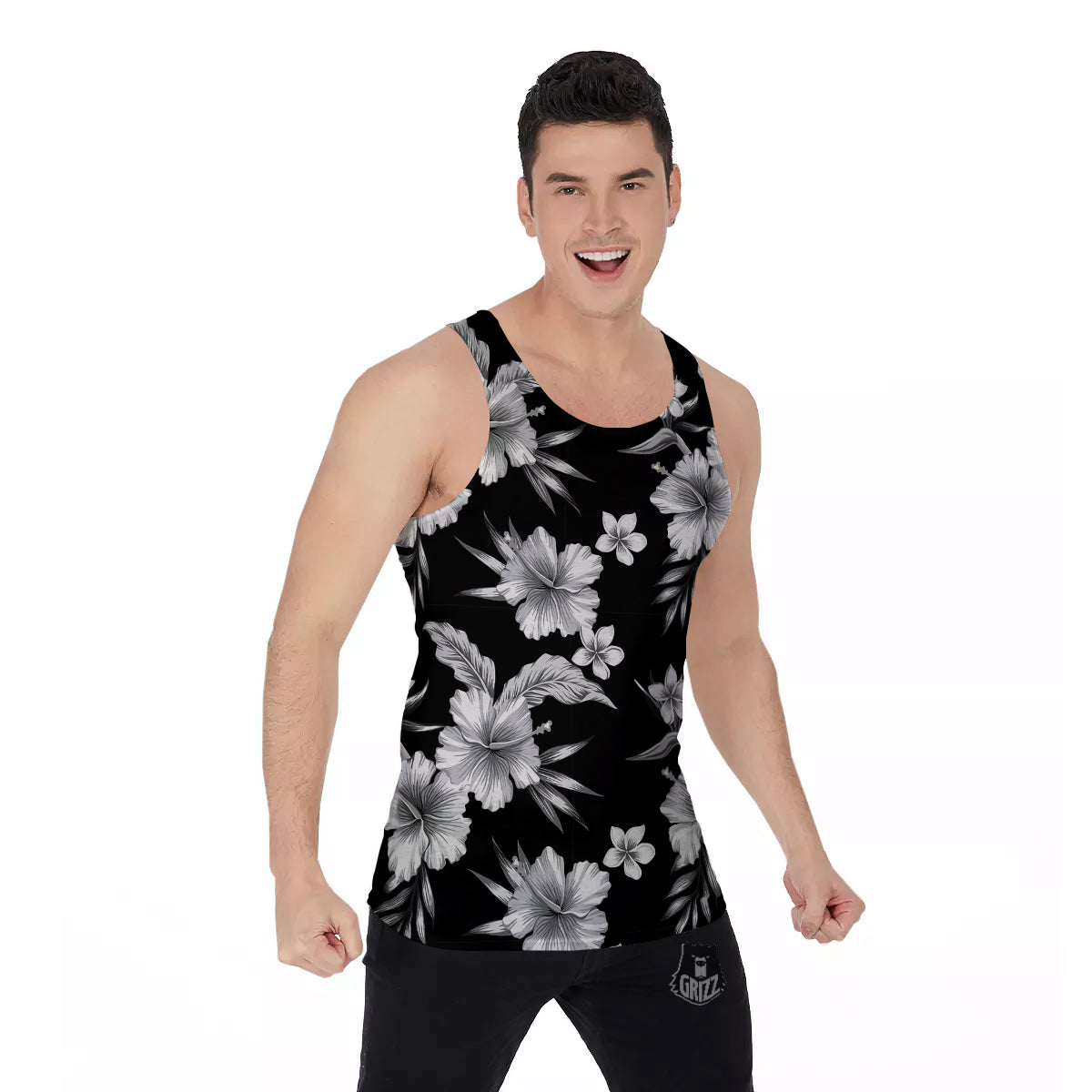 Frangipani White And Black Print Pattern Men's Tank Top-grizzshop