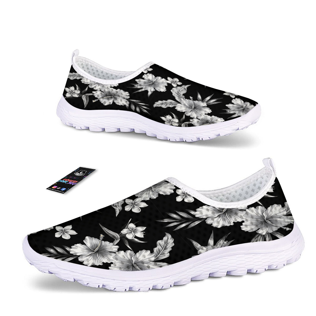 Frangipani White And Black Print Pattern Nurse Shoes-grizzshop
