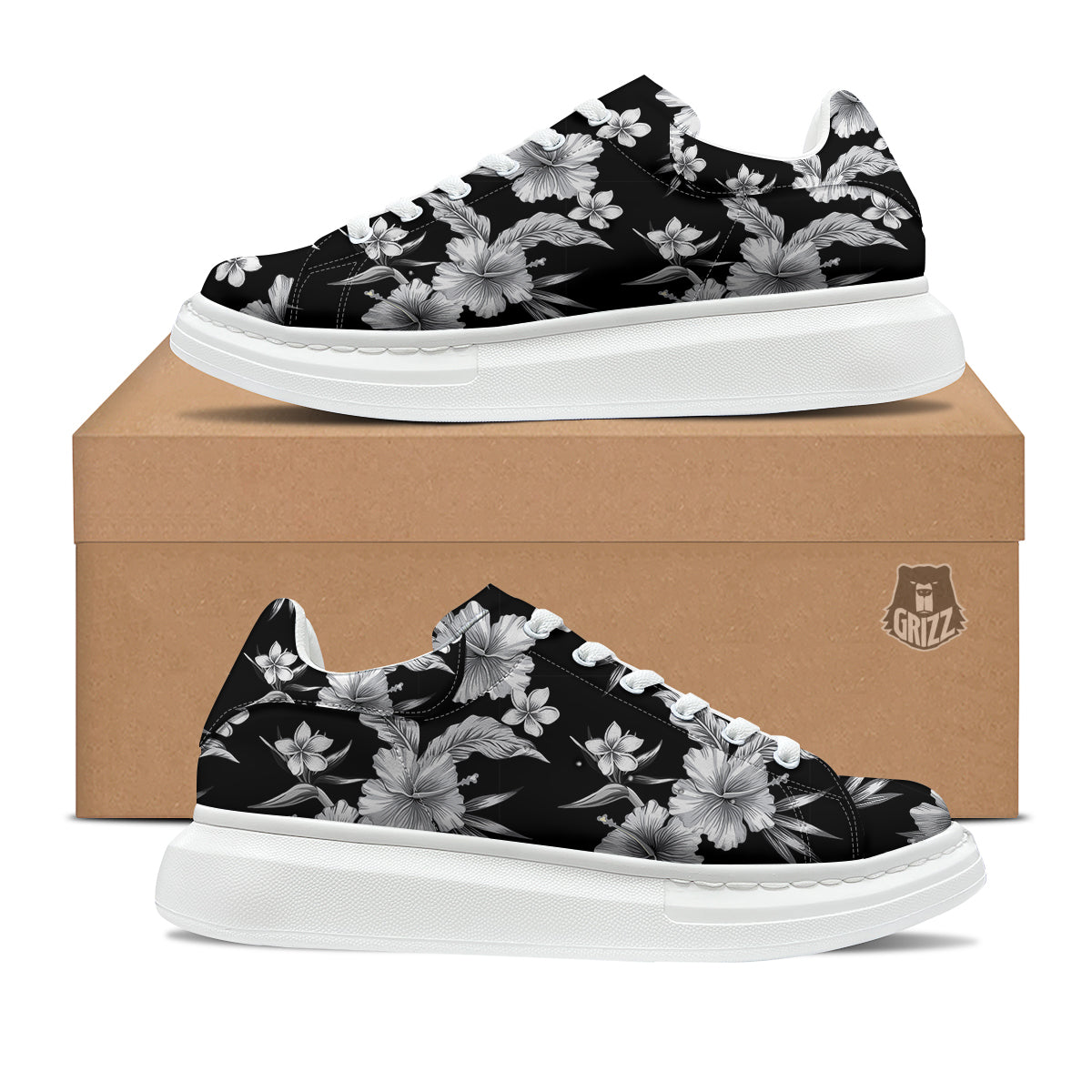 Frangipani White And Black Print Pattern Platform Shoes-grizzshop