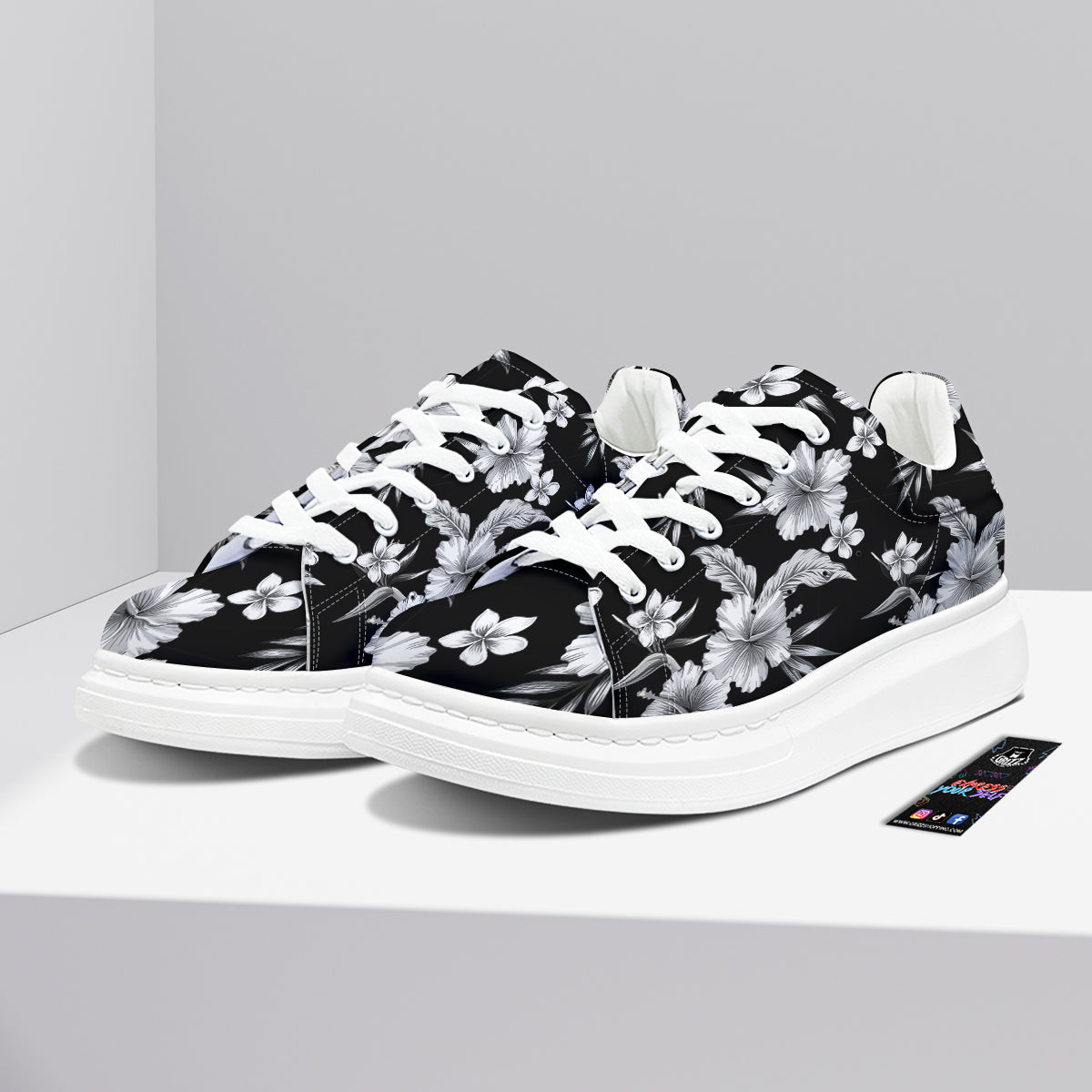 Frangipani White And Black Print Pattern Platform Shoes-grizzshop