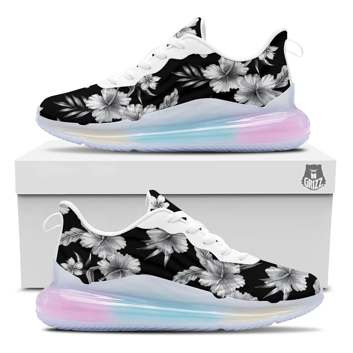 Frangipani White And Black Print Pattern Running Sneakers-grizzshop