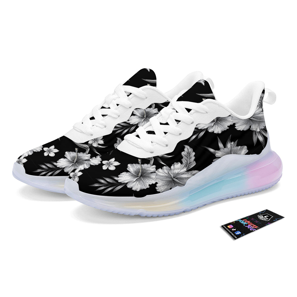 Frangipani White And Black Print Pattern Running Sneakers-grizzshop
