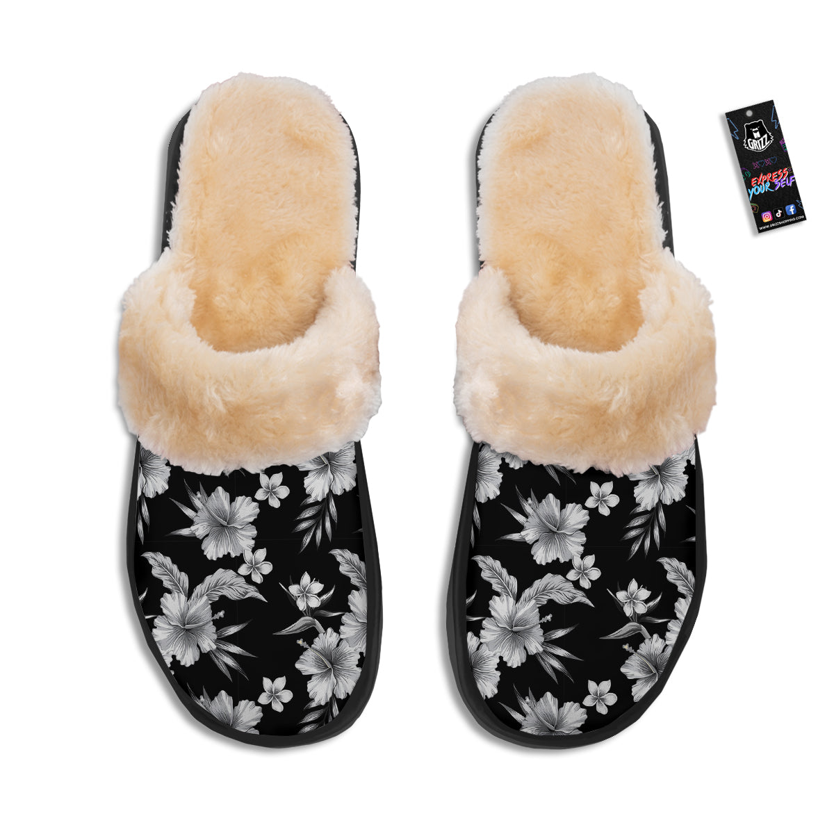 Frangipani White And Black Print Pattern Slippers-grizzshop
