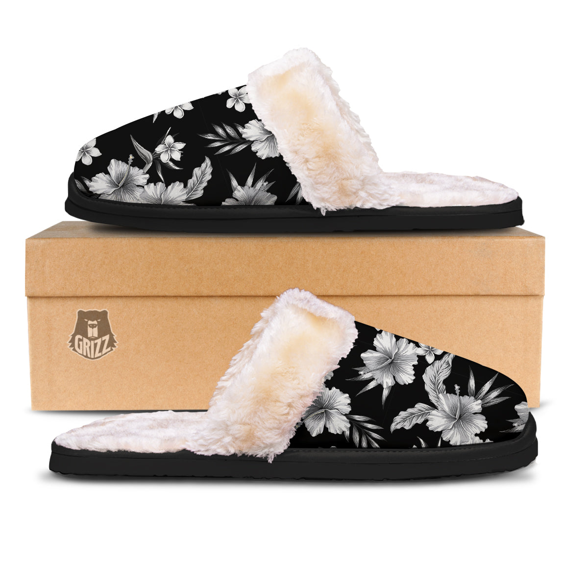 Frangipani White And Black Print Pattern Slippers-grizzshop