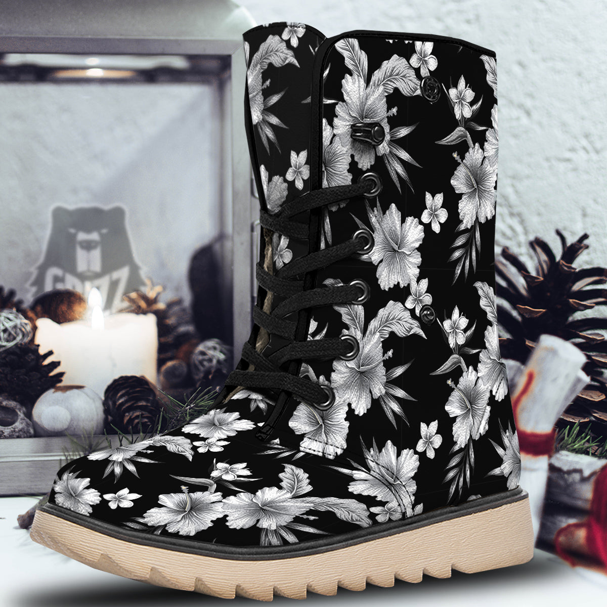 Frangipani White And Black Print Pattern Snow Boots-grizzshop