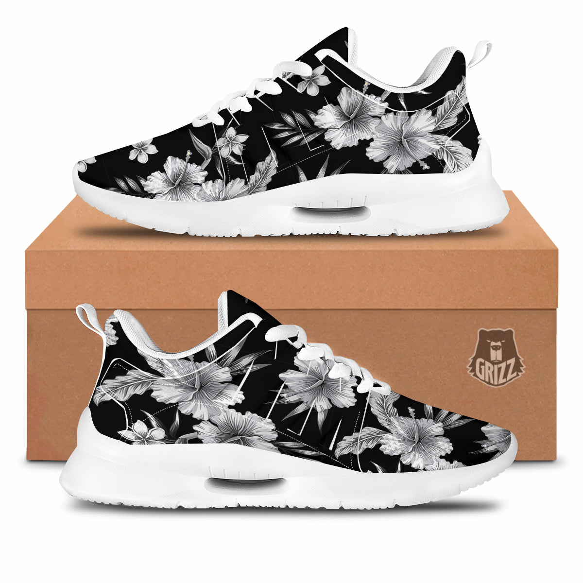 Frangipani White And Black Print Pattern Tennis Shoes-grizzshop