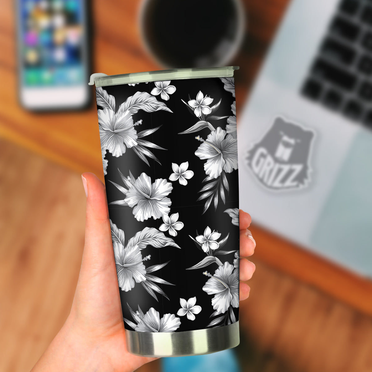 Frangipani White And Black Print Pattern Tumbler-grizzshop
