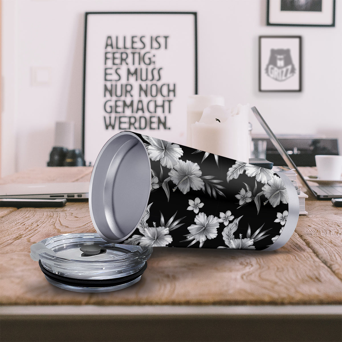 Frangipani White And Black Print Pattern Tumbler-grizzshop