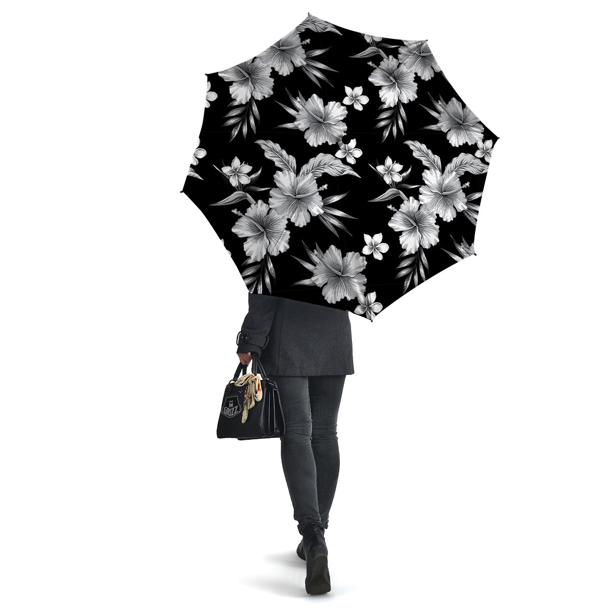 Frangipani White And Black Print Pattern Umbrella-grizzshop