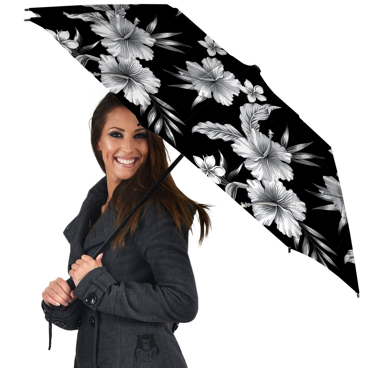 Frangipani White And Black Print Pattern Umbrella-grizzshop