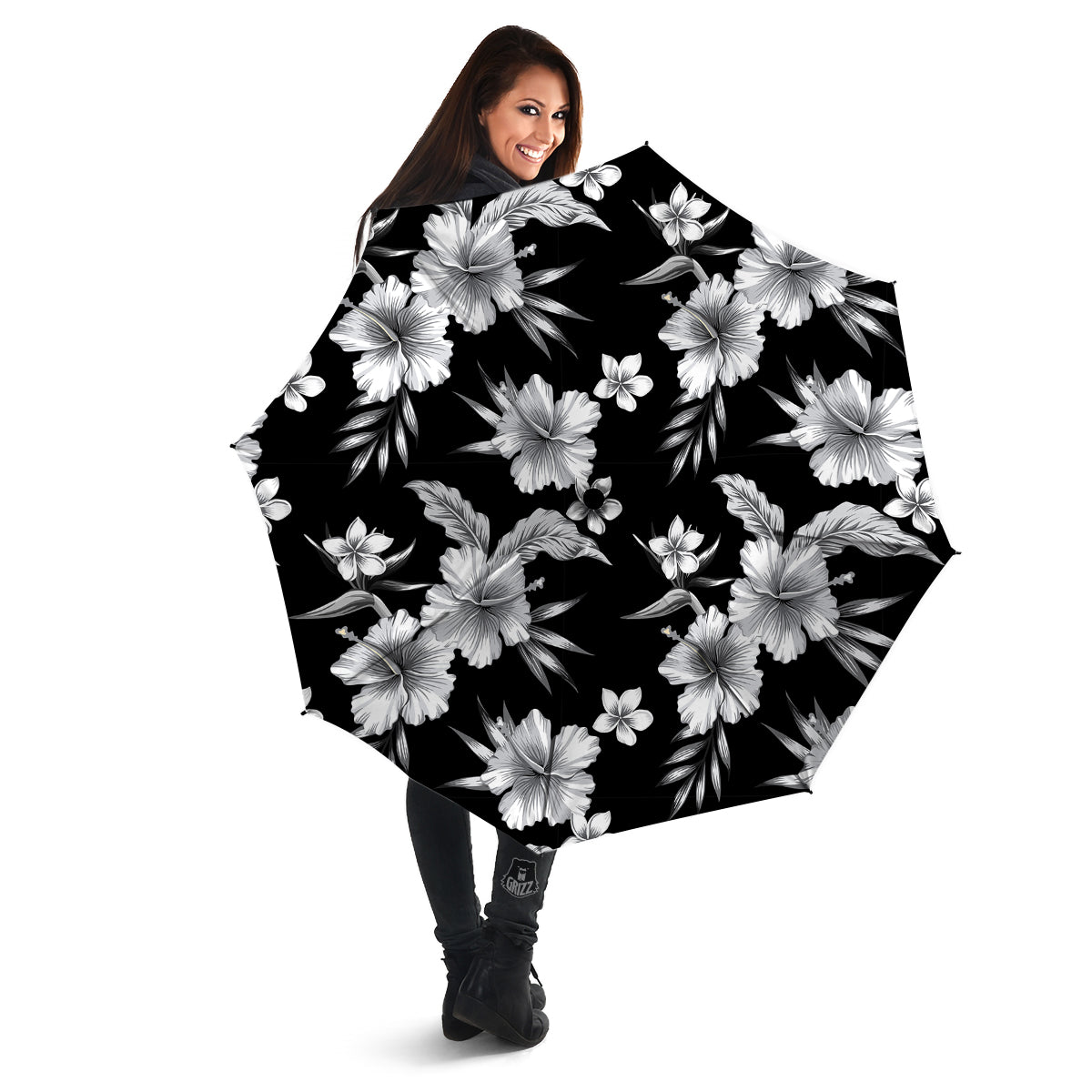 Frangipani White And Black Print Pattern Umbrella-grizzshop