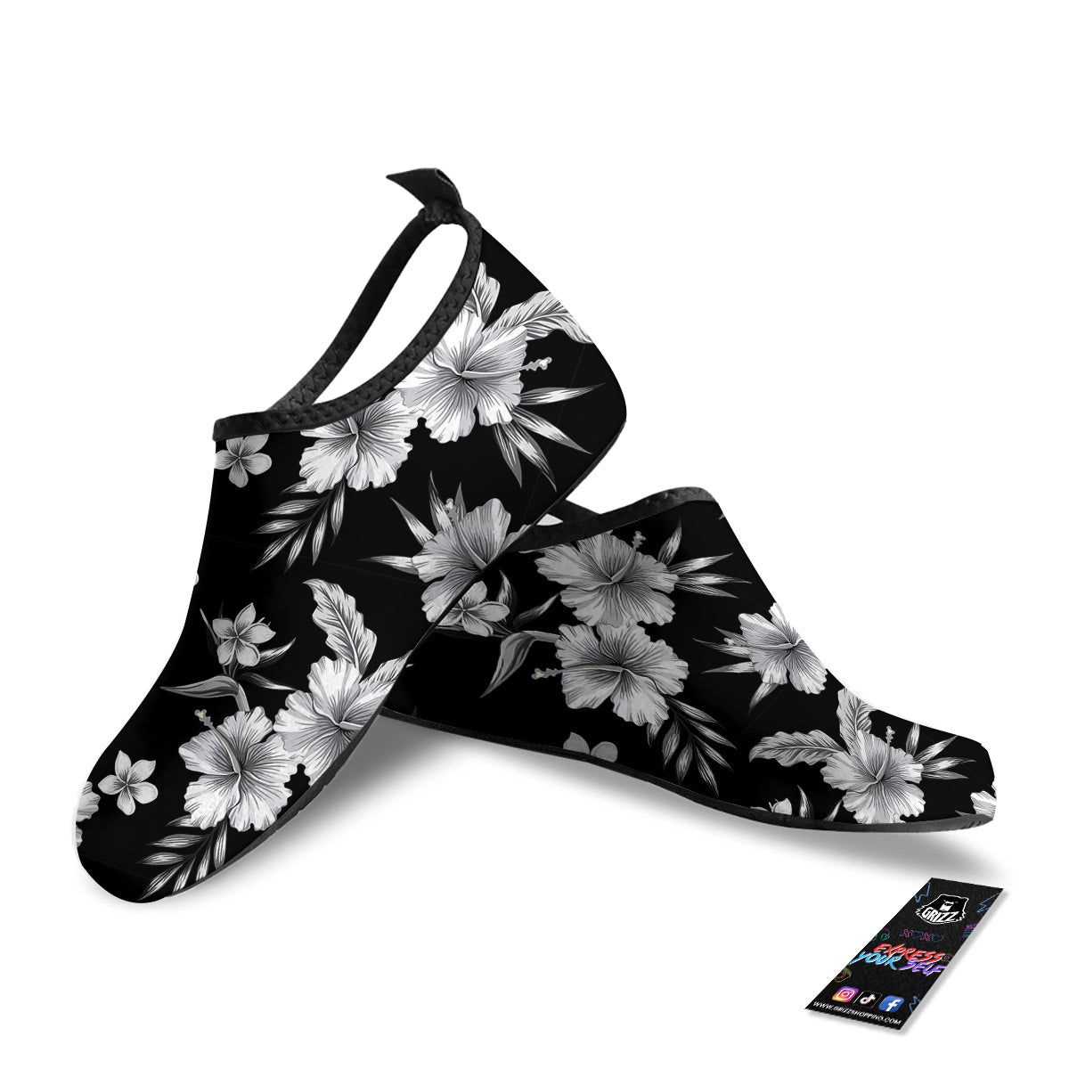 Frangipani White And Black Print Pattern Water Shoes-grizzshop