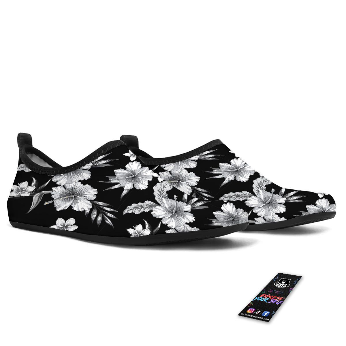 Frangipani White And Black Print Pattern Water Shoes-grizzshop