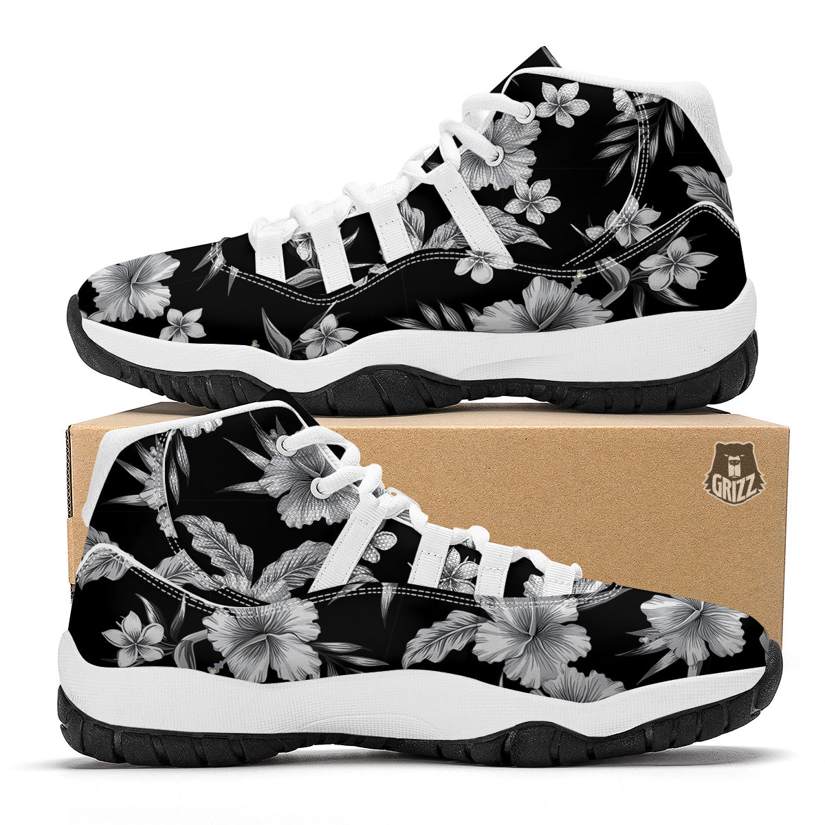 Frangipani White And Black Print Pattern White Bball Shoes-grizzshop