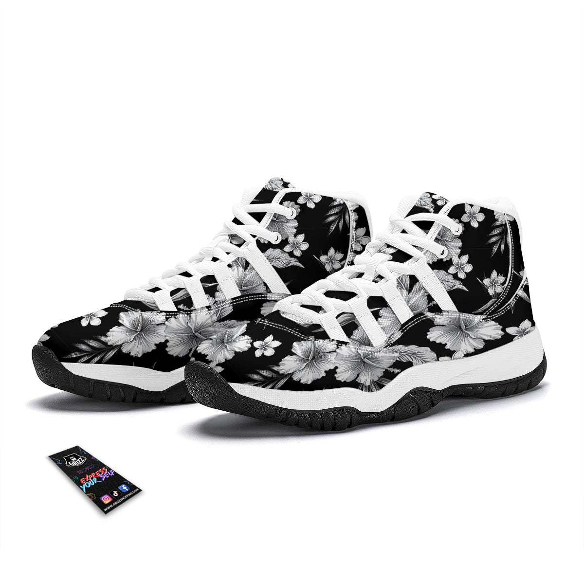 Frangipani White And Black Print Pattern White Bball Shoes-grizzshop