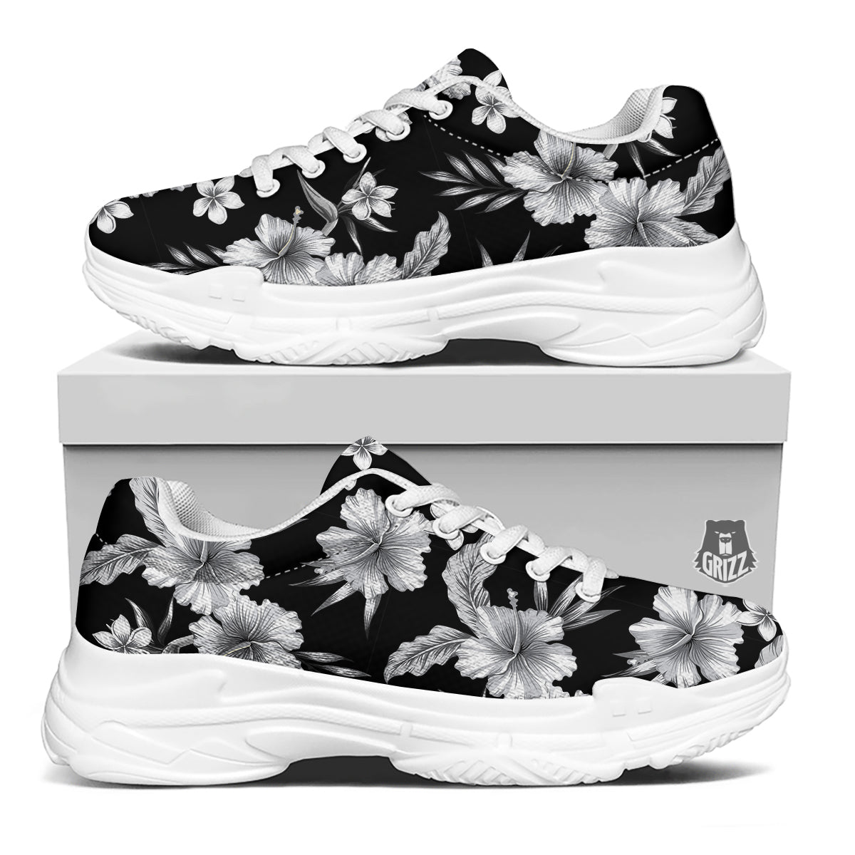 Frangipani White And Black Print Pattern White Chunky Shoes-grizzshop