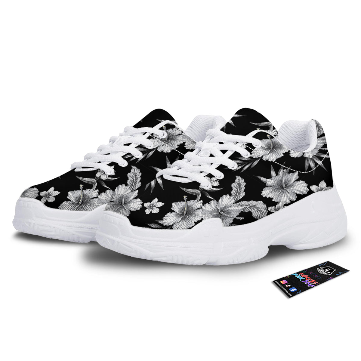 Frangipani White And Black Print Pattern White Chunky Shoes-grizzshop