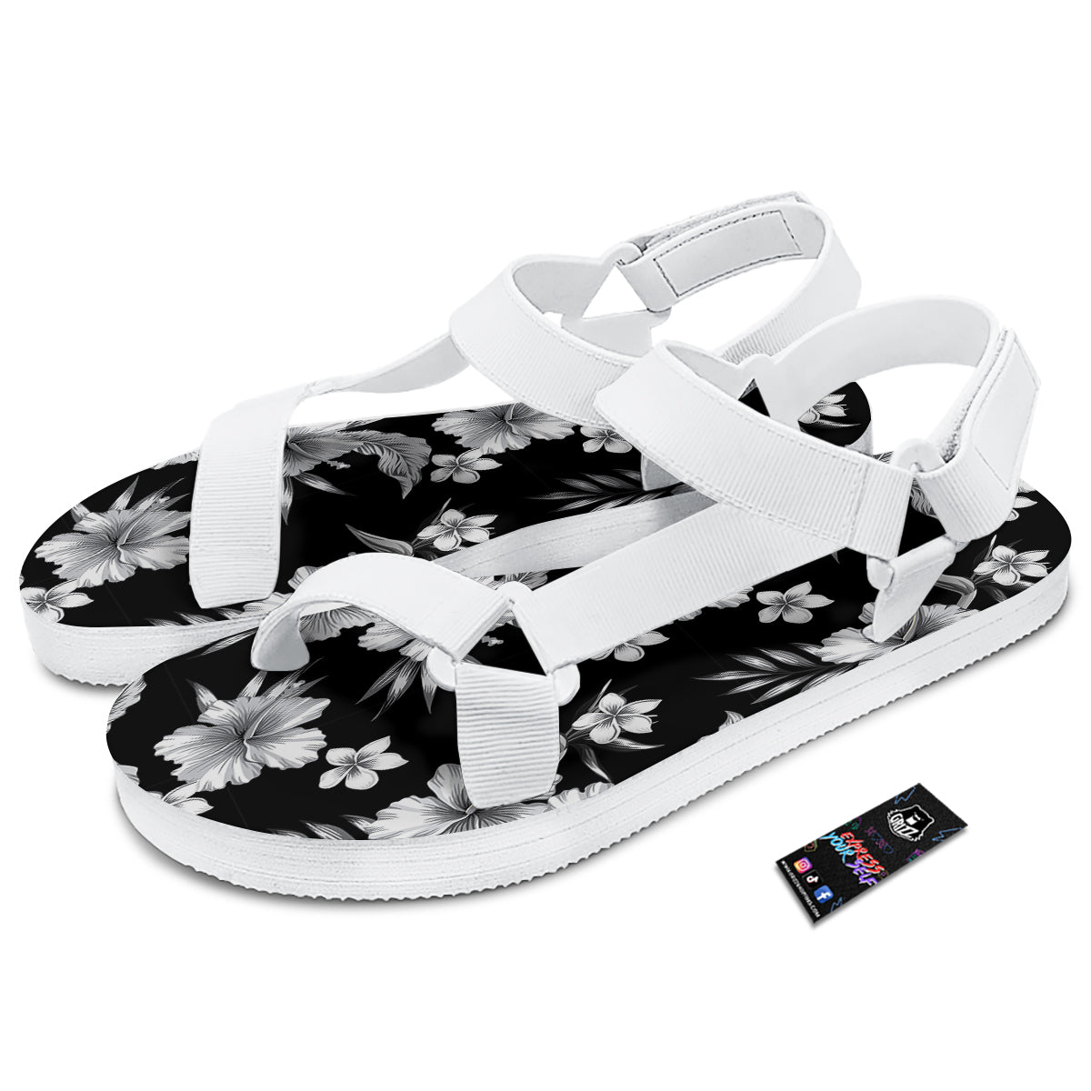 Frangipani White And Black Print Pattern White Open Toe Sandals-grizzshop
