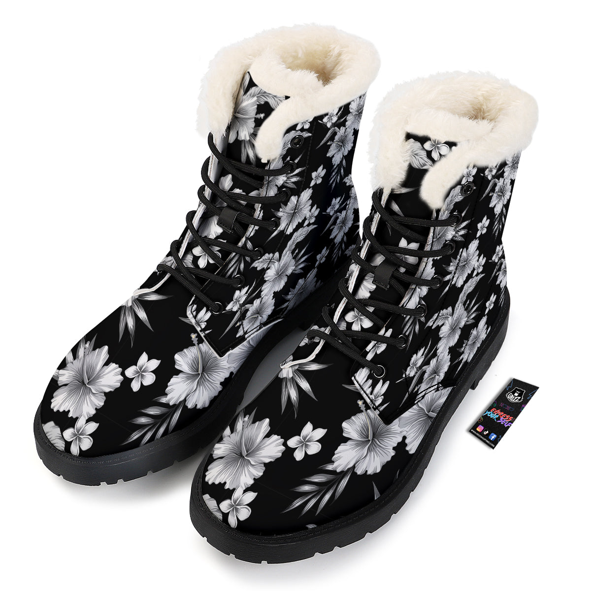 Frangipani White And Black Print Pattern Winter Boots-grizzshop