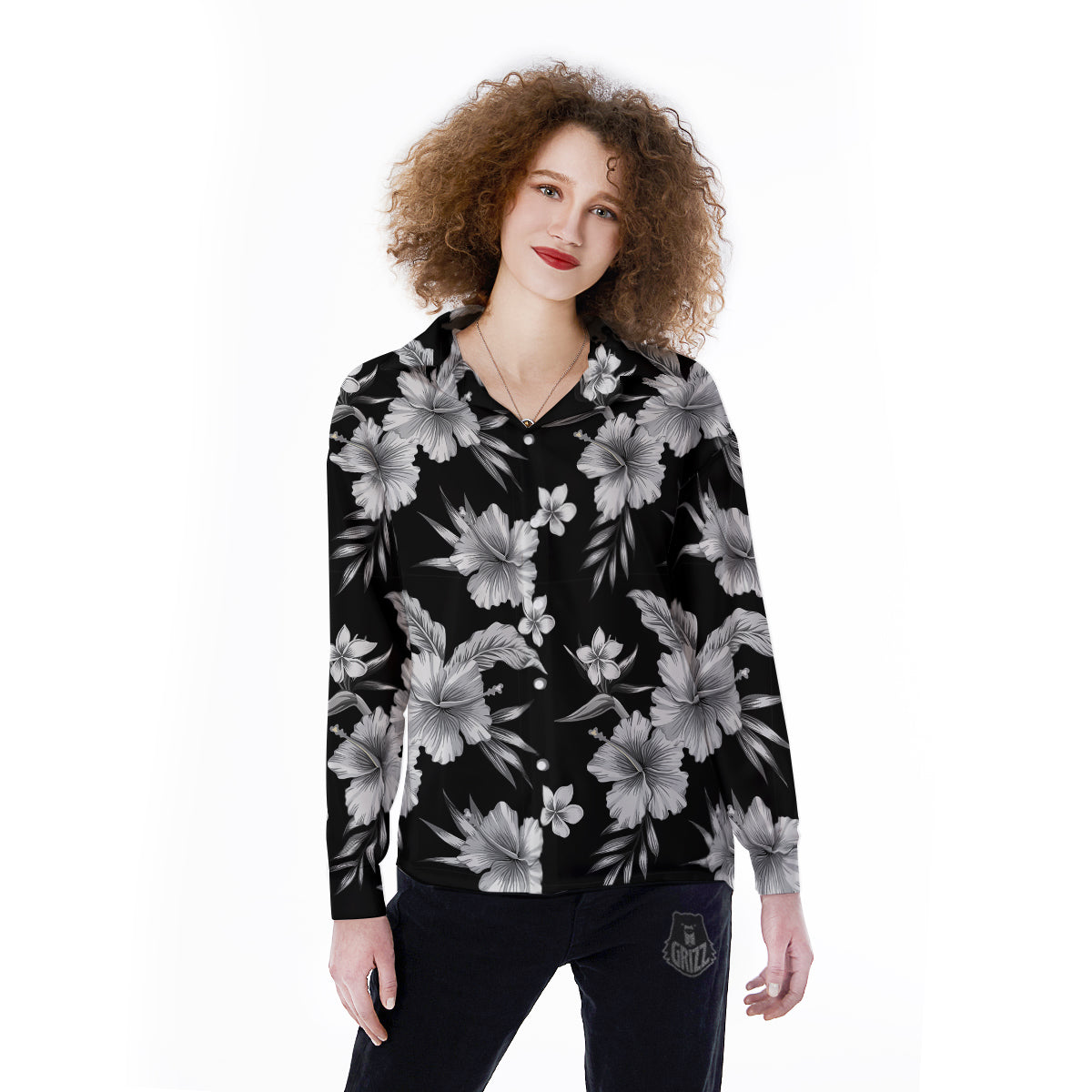 Frangipani White And Black Print Pattern Women's Long Sleeve Shirts-grizzshop