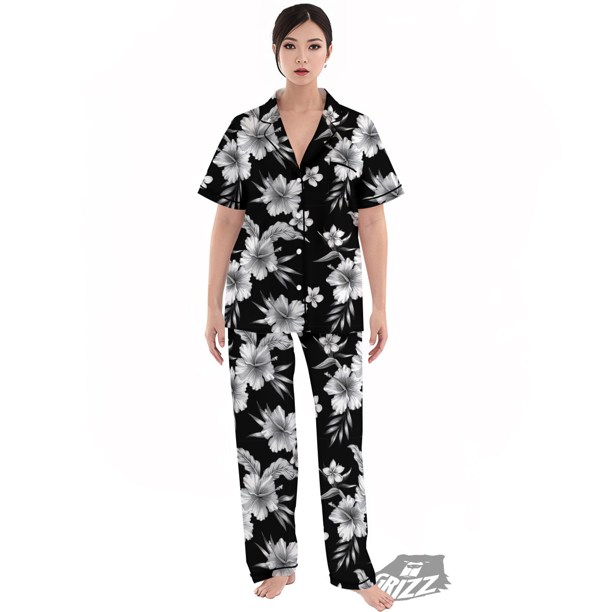 Frangipani White And Black Print Pattern Women's Pajamas Set-grizzshop