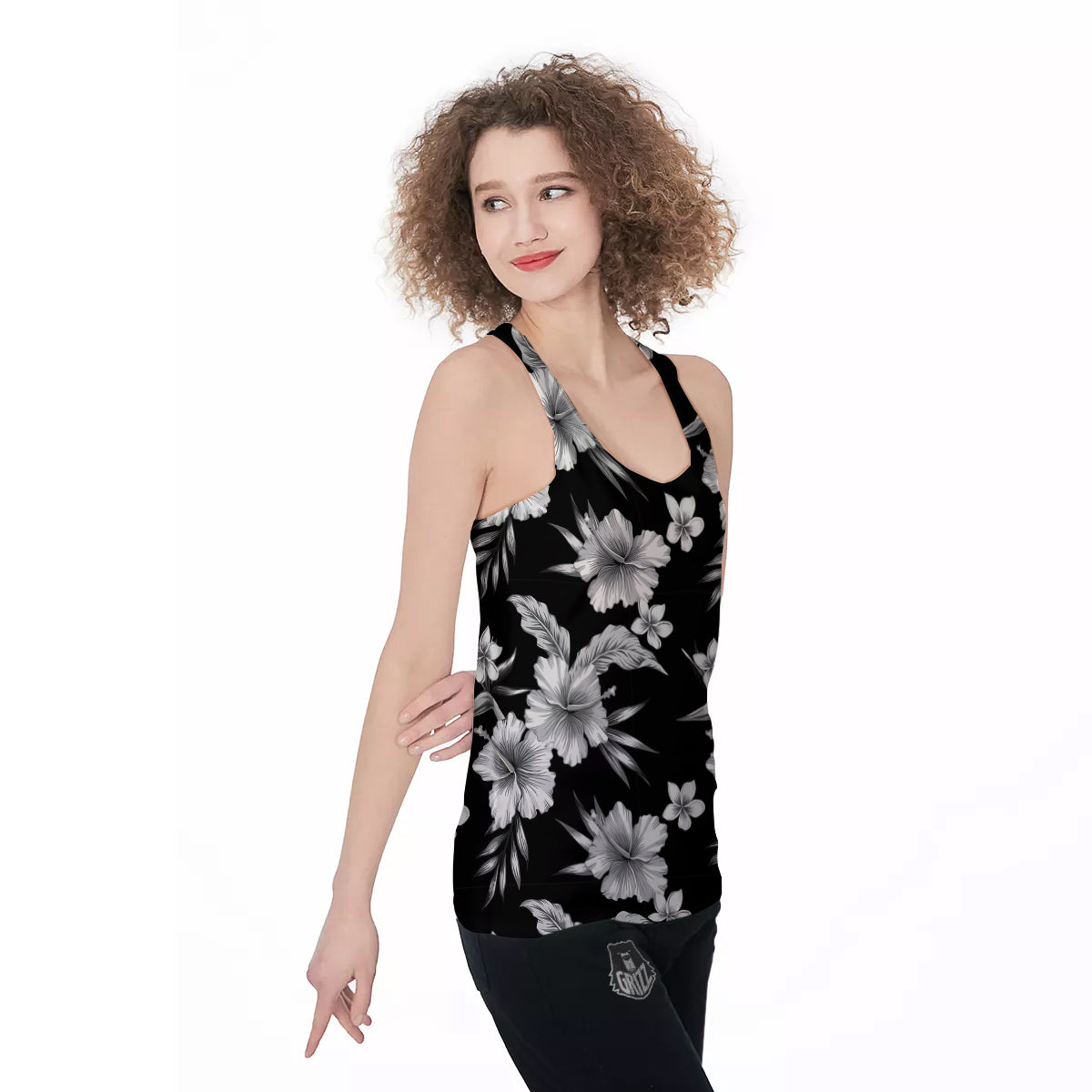 Frangipani White And Black Print Pattern Women's Racerback Tank Top-grizzshop