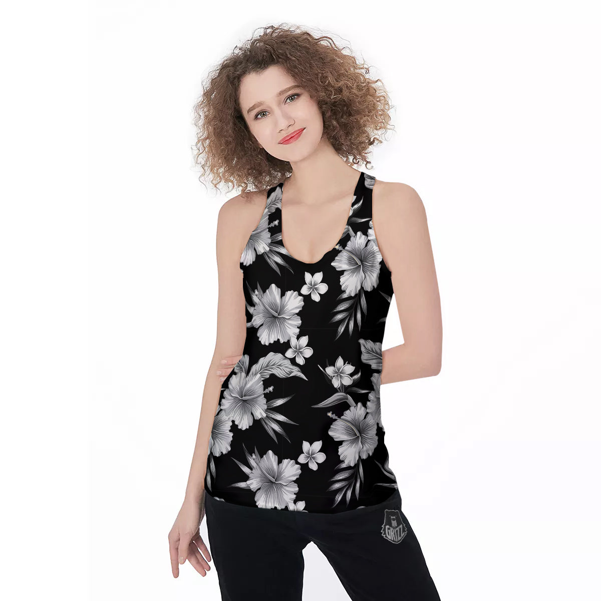 Frangipani White And Black Print Pattern Women's Racerback Tank Top-grizzshop
