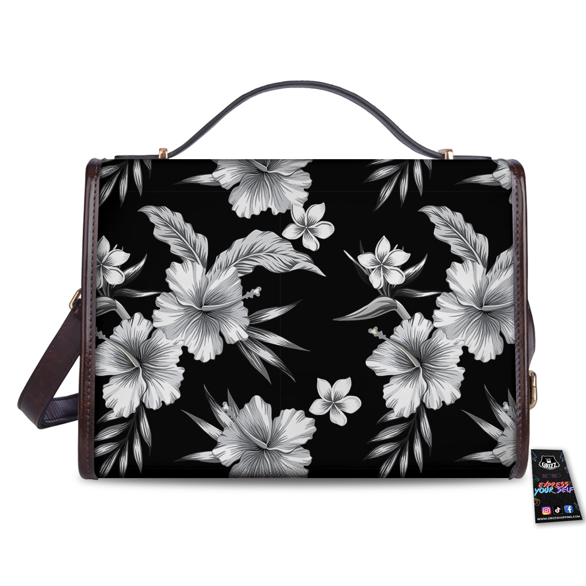Frangipani White And Black Print Pattern Women's Satchel Bag-grizzshop