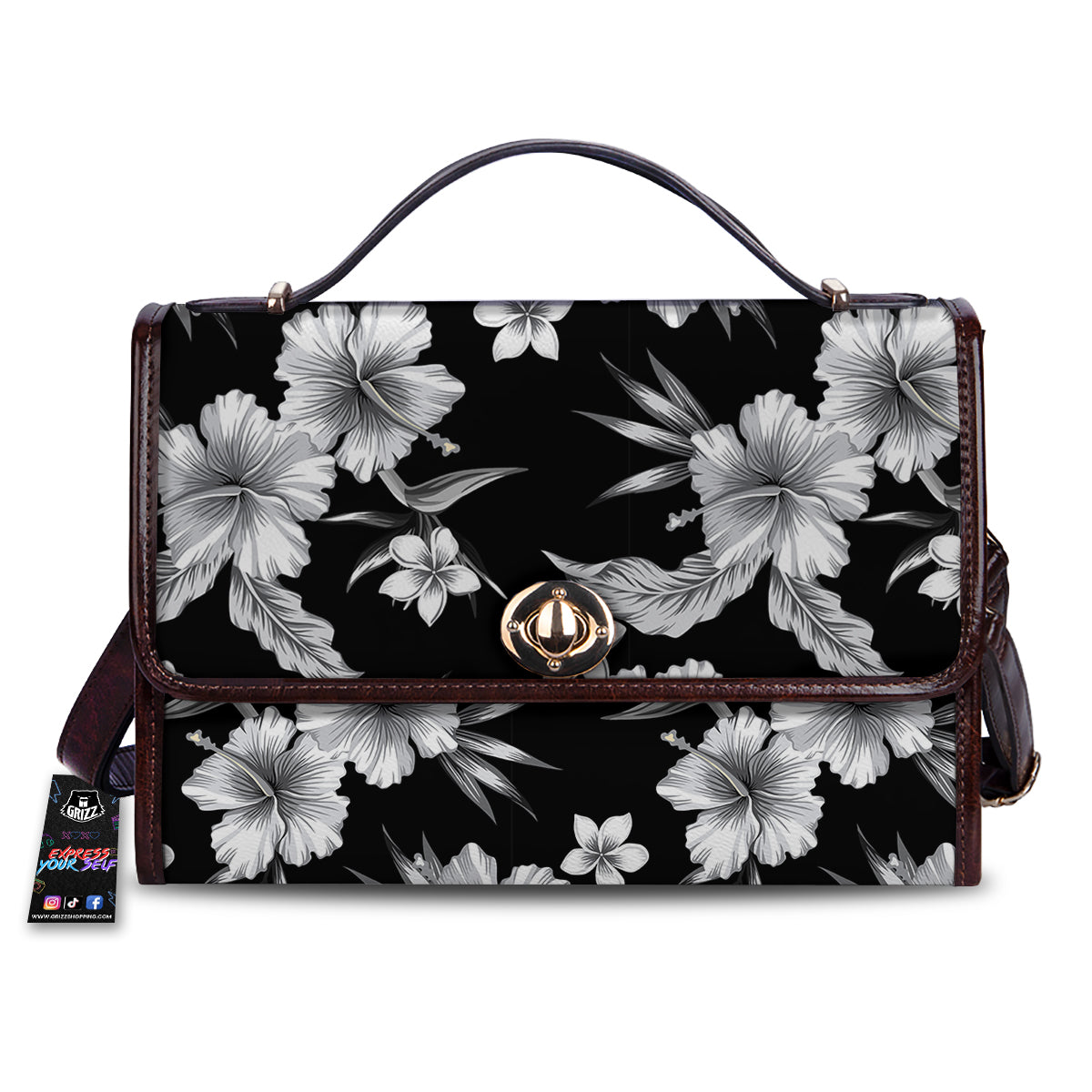 Frangipani White And Black Print Pattern Women's Satchel Bag-grizzshop