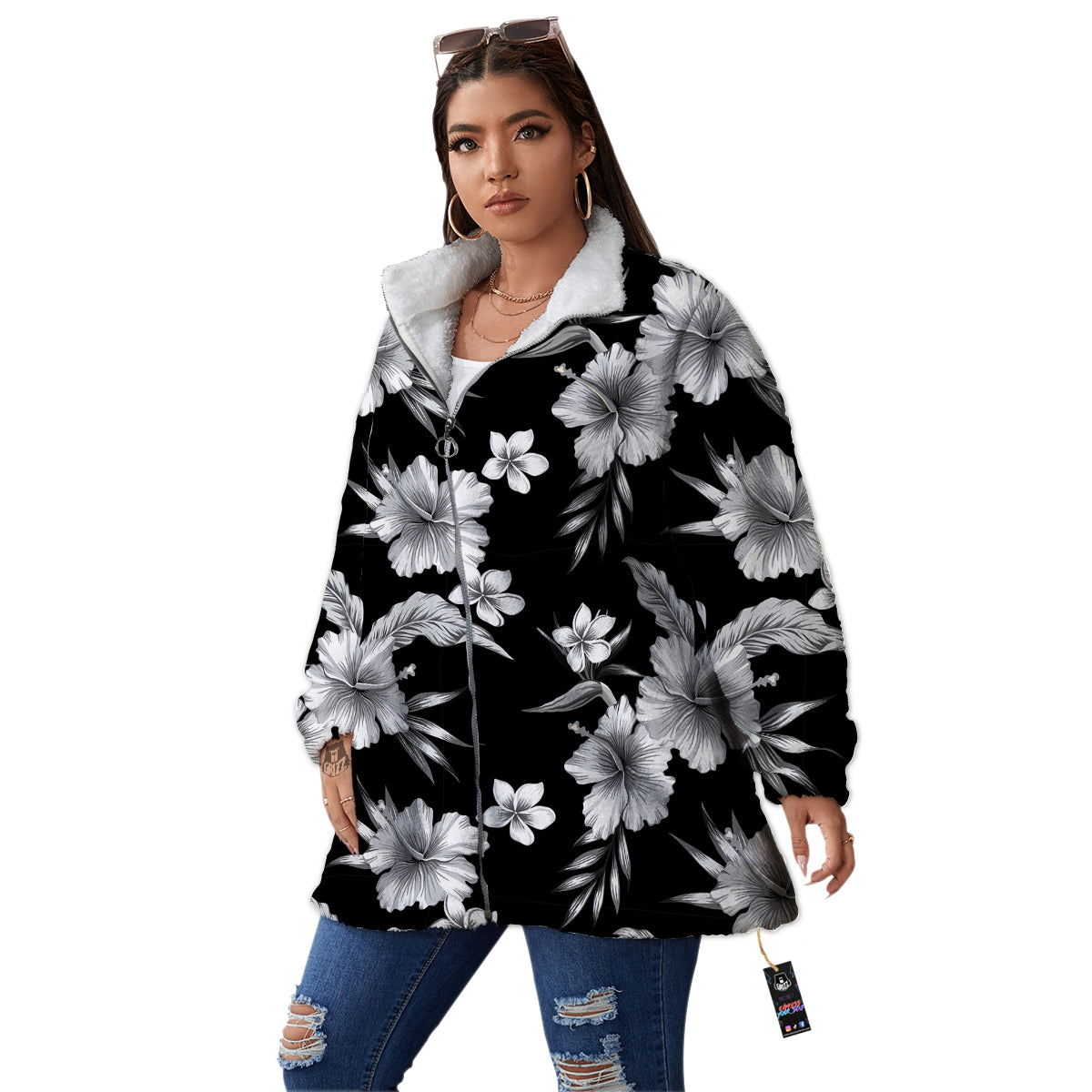 Frangipani White And Black Print Pattern Women's Sherpa Jacket-grizzshop