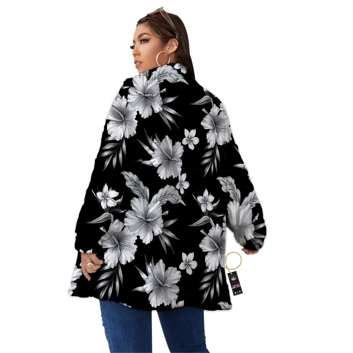 Frangipani White And Black Print Pattern Women's Sherpa Jacket-grizzshop