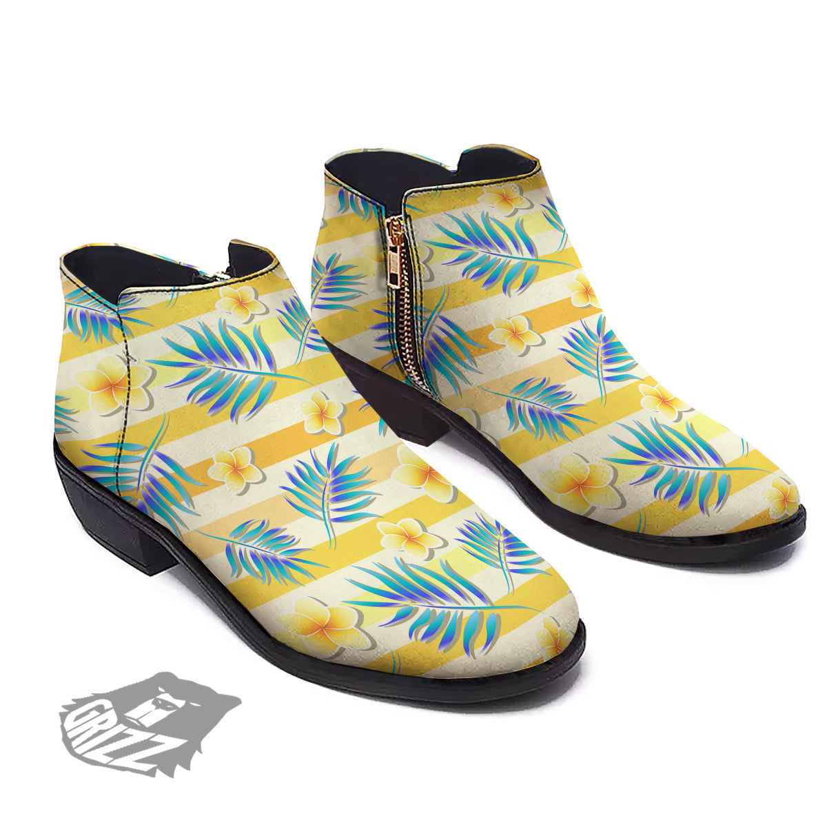 Frangipani Yellow Print Pattern Ankle Boots-grizzshop